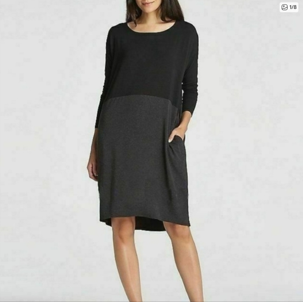 Eileen Fisher Black Gray Jersey Colorblock Long Sleeve Shift Tunic Dress PL